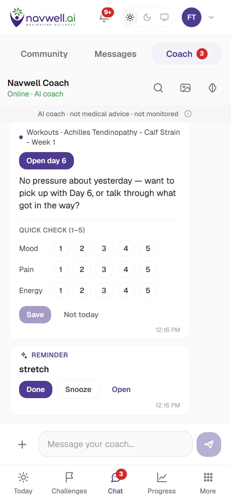 The AI coach chat on a phone: the coach's daily check-in with an Open day button and a quick 1-to-5 mood, pain and energy check, a stretch reminder with Done and Snooze, and the message composer.