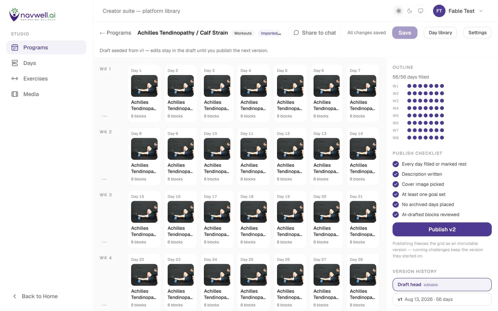 The Program Builder on a desktop: a 56-day program laid out as a grid of weeks and days, each cell a day plan with its block count, next to an outline, a publish checklist and the version history.