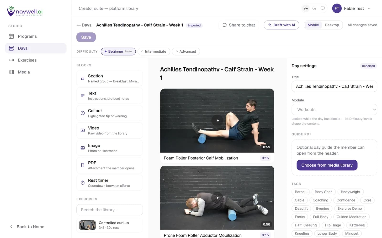 The Day Builder on a desktop: the block palette (section, text, video, image, PDF, rest timer), the day's exercise videos with their timing, the Beginner / Intermediate / Advanced difficulty tabs and the day settings inspector.