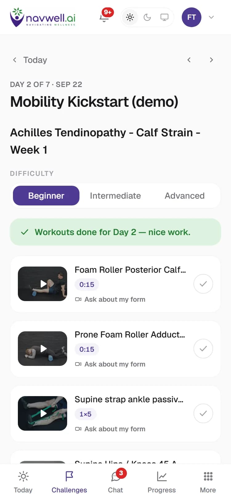 A day open on a phone: day 2 of 7 of a mobility challenge, the Beginner / Intermediate / Advanced difficulty picker, a Start guided session button, and the exercise list with video thumbnails, prescriptions such as 0:15 holds and 1×5, and an Ask-about-my-form link on each.
