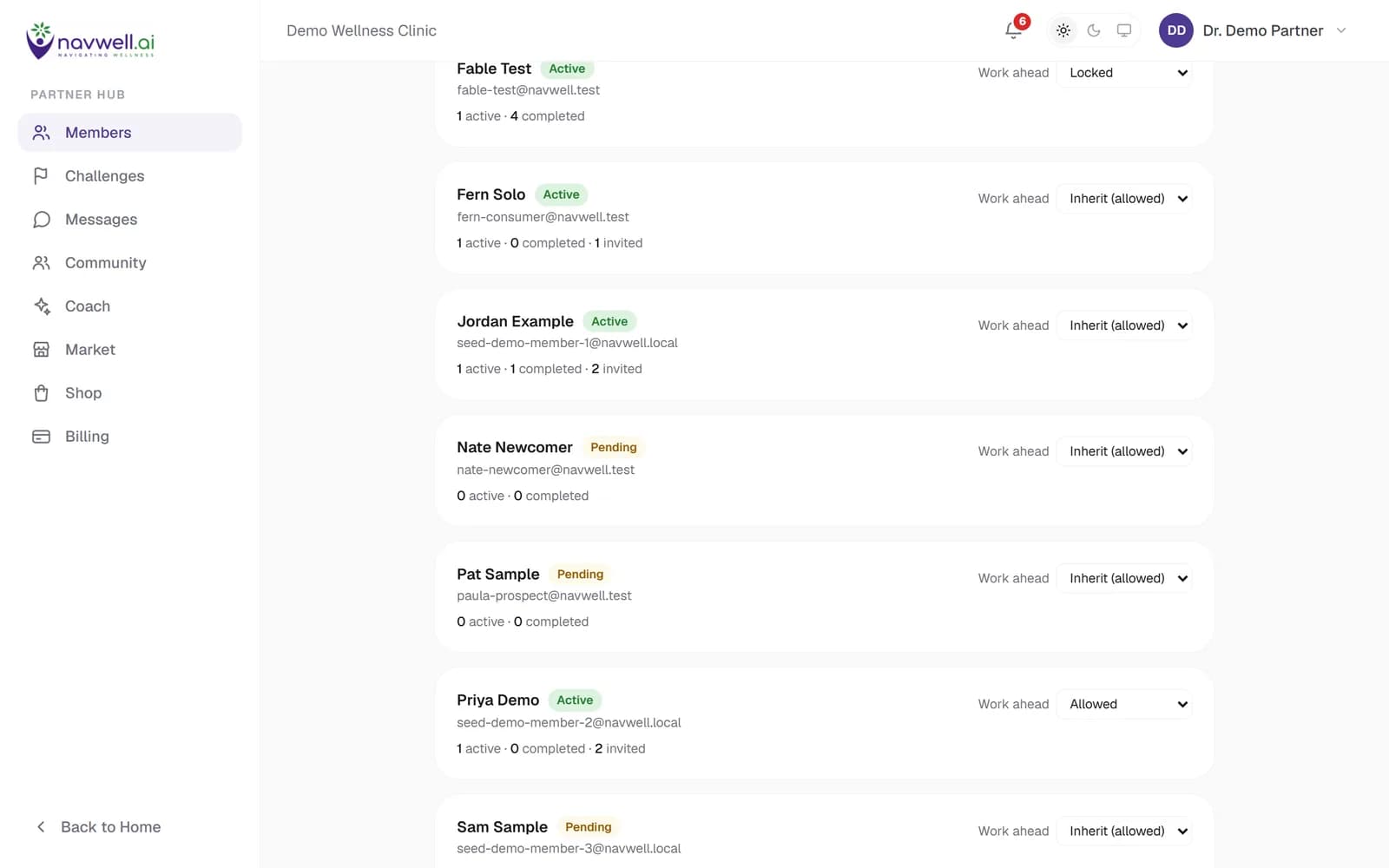 The practitioner hub's Members page on a desktop: the roster with each member's status, email, active and completed challenge counts and a work-ahead setting, above the invite-by-email box.